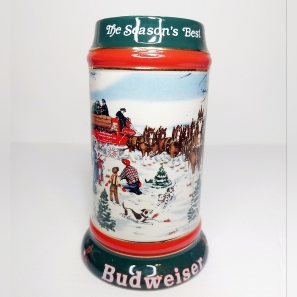 1991 Budweiser Holiday Beer Stein Mug Clydesdales Snow Scene Collectible Vintage